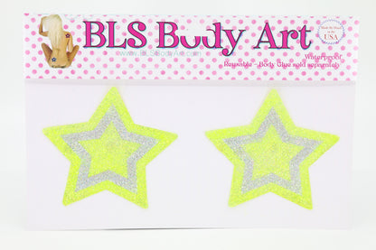 Product Image - Neon Yellow/Silver Star Glitter Pasties in BLS Body Art packaging