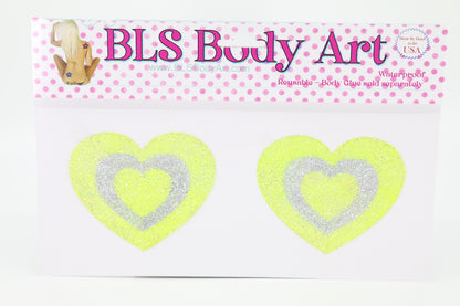 Product Image - Neon Yellow/Silver Heart Glitter Pasties in BLS Body Art packaging