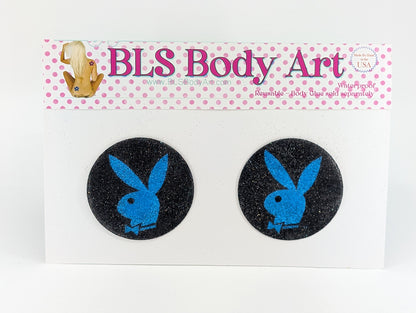 Product Image - Neon Blue UV Bunny Play Glitter Pasties in BLS Body Art packaging