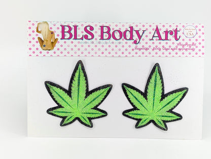 Product Image - Neon Green UV Marijuana Glitter Pasties in BLS Body Art packaging