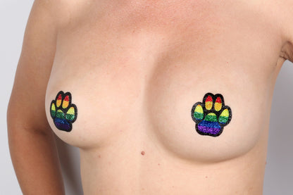Model Image - Small Pride Paw Print Glitter Pasties applied to bust of female model