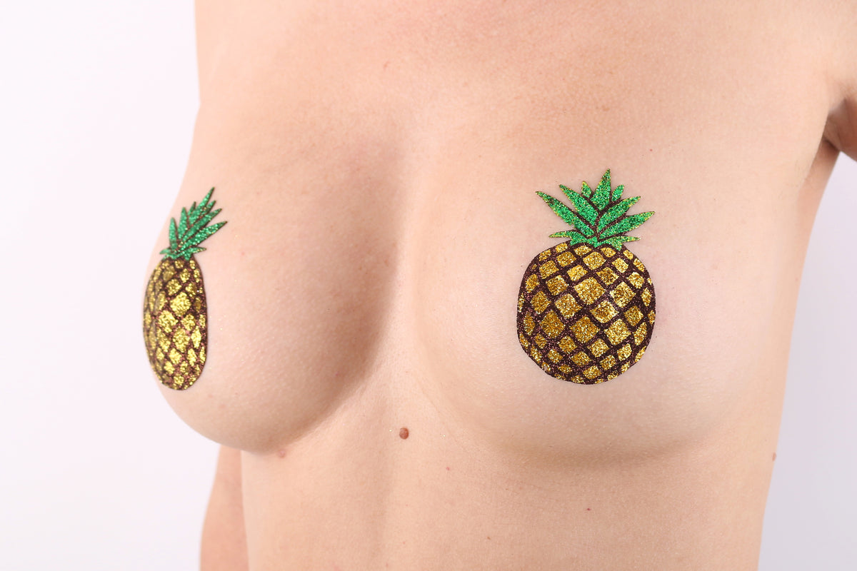 Model Image - Pineapple Glitter Pasties applied to female model