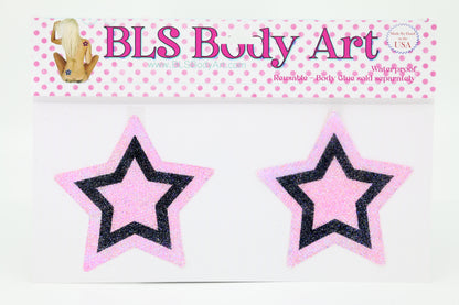 Product Image - Pink/Black Star Glitter Pasties in BLS Body Art packaging