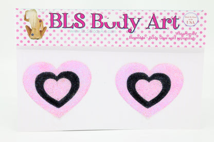 Product Image - Pink/Black Heart Glitter Pasties in BLS Body Art packaging