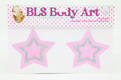 Product Image - Pink/Silver Star Glitter Pasties in BLS Body Art packaging