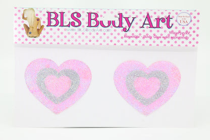 Product Image - Pink/Silver Heart Glitter Pasties in BLS Body Art packaging