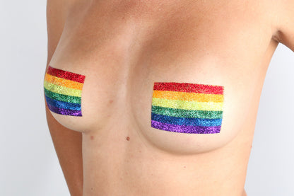 Model Image - Rainbow Pride Flag Glitter Pasties applied to female model