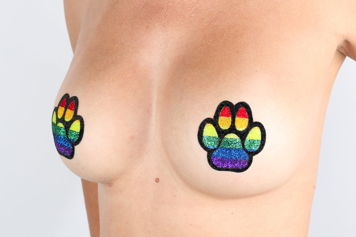 Model Image - Rainbow Pride Paw Print Glitter Pasties applied to female model