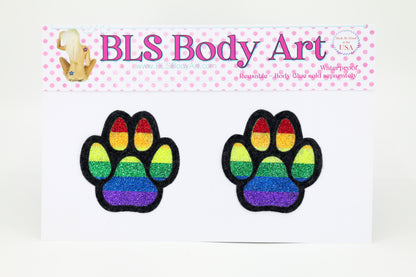 Product Image - Rainbow Pride Paw Print Glitter Pasties in BLS Body Art packaging