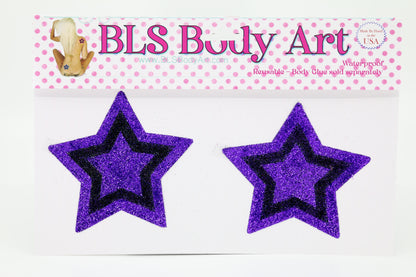 Product Image - Purple/Black Star Glitter Pasties in BLS Body Art packaging