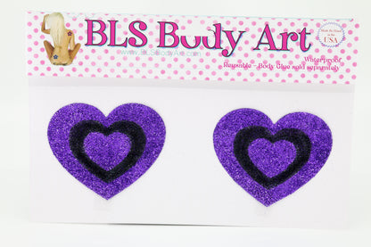 Product Image - Purple/Black Heart Glitter Pasties in BLS Body Art packaging