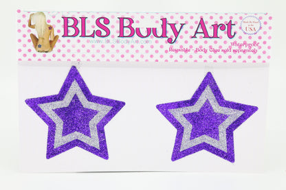 Product Image - Purple/Silver Star Glitter Pasties in BLS Body Art packaging