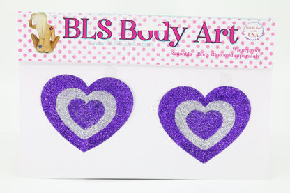 Product Image - Purple/Silver Heart Glitter Pasties in BLS Body Art packaging