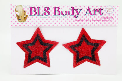 Product Image - Red/Black Star Glitter Pasties in BLS Body Art packaging