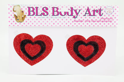 Product Image - Red/Black Heart Glitter Pasties in BLS Body Art packaging