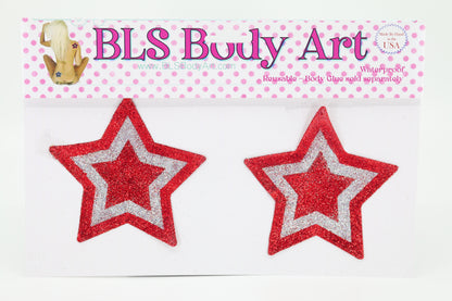 Product Image - Red/Silver Star Glitter Pasties in BLS Body Art packaging
