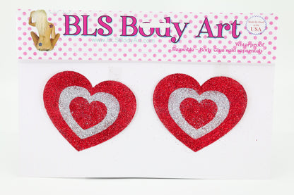 Product Image - Red/Silver Heart Glitter Pasties in BLS Body Art packaging