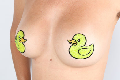 Model Image - Rubber Ducky Glitter Pasties applied to female model