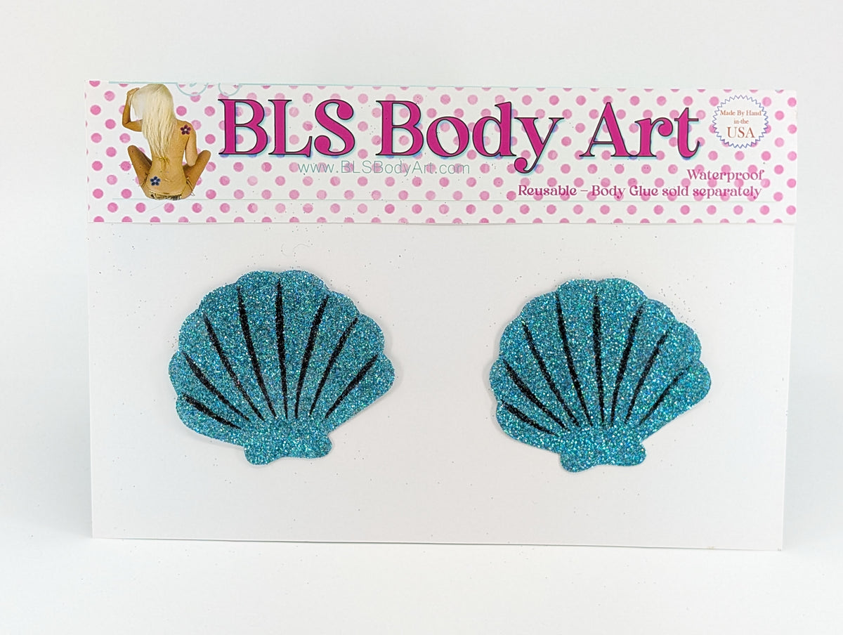 Product Image - Aqua Shell Glitter Pasties in BLS Body Art packaging