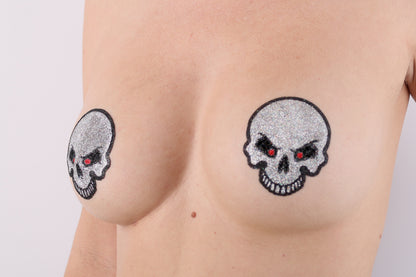 Model Image - Skull Glitter Pasties applied to female model