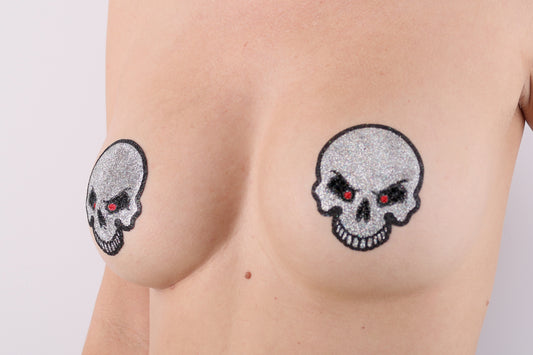 Model Image - Skull Glitter Pasties applied to female model