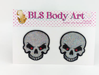 Product Image - Skull Glitter Pasties in BLS Body Art packaging