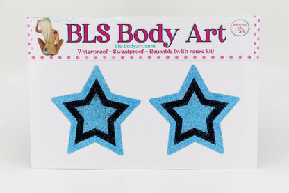 Product Image - Sky Blue/Black Star Glitter Pasties in BLS Body Art packaging