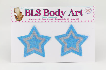 Product Image - Sky Blue/Silver Star Glitter Pasties in BLS Body Art packaging