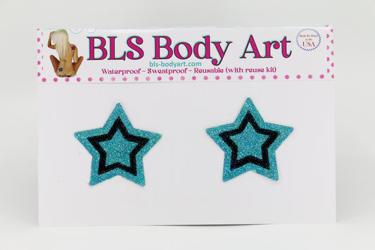 Product Image - Aqua/Black Small Star Glitter Pasties in BLS Body Art packaging