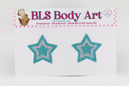 Product Image - Aqua/Silver Small Star Glitter Pasties in BLS Body Art packaging