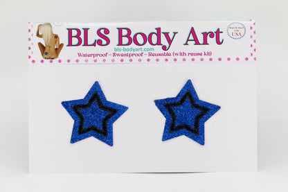 Product Image - Blue/Black Small Star Glitter Pasties in BLS Body Art packaging