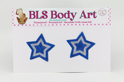 Product Image - Blue/Silver Small Star Glitter Pasties in BLS Body Art packaging