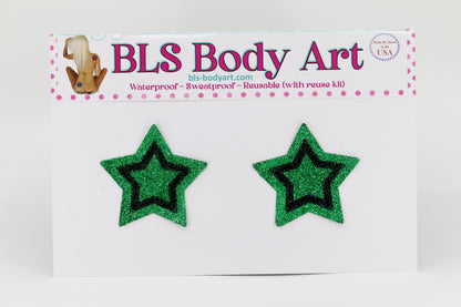 Product Image - Green/Black Small Star Glitter Pasties in BLS Body Art packaging