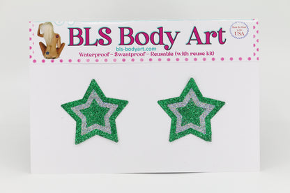 Product Image - Green/Silver Small Star Glitter Pasties in BLS Body Art packaging
