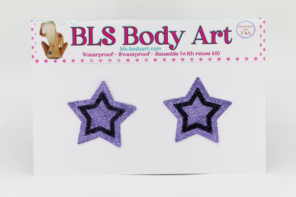 Product Image - Lavender/Black Small Star Glitter Pasties in BLS Body Art packaging
