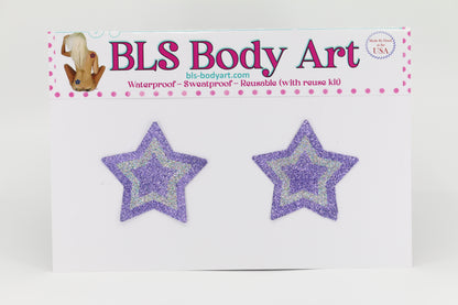 Product Image - Lavender/Silver Small Star Glitter Pasties in BLS Body Art packaging
