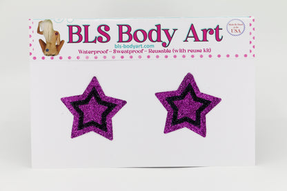 Product Image - Magenta/Black Small Star Glitter Pasties in BLS Body Art packaging