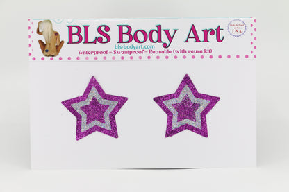 Product Image - Magenta/Silver Small Star Glitter Pasties in BLS Body Art packaging