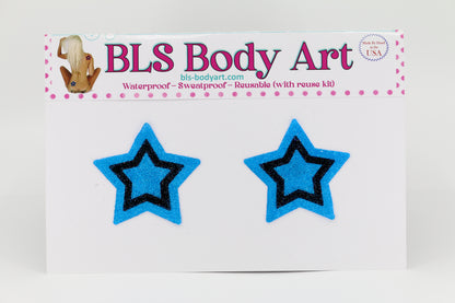 Product Image - Neon Blue/Black Small Star Glitter Pasties in BLS Body Art packaging