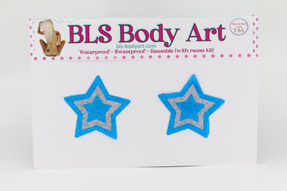 Product Image - Neon Blue/Silver Small Star Glitter Pasties in BLS Body Art packaging