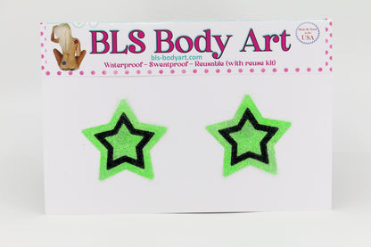 Product Image - Neon Green/Black Small Star Glitter Pasties in BLS Body Art packaging