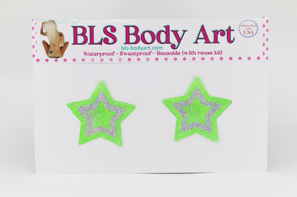 Product Image - Neon Green/Silver Small Star Glitter Pasties in BLS Body Art packaging