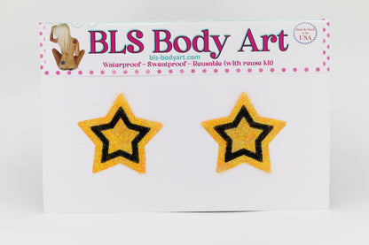 Product Image - Neon Orange/Black Small Star Glitter Pasties in BLS Body Art packaging