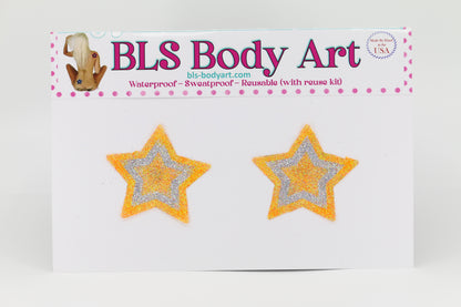 Product Image - Neon Orange/Silver Small Star Glitter Pasties in BLS Body Art packaging