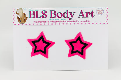 Product Image - Neon Pink/Black Small Star Glitter Pasties in BLS Body Art packaging