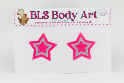 Product Image - Neon Pink/Silver Small Star Glitter Pasties in BLS Body Art packaging