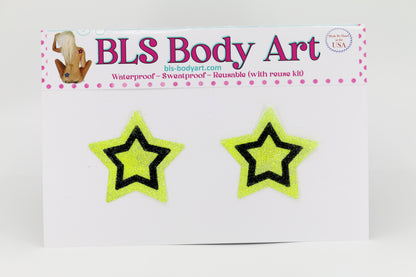 Product Image - Neon Yellow/Black Small Star Glitter Pasties in BLS Body Art packaging