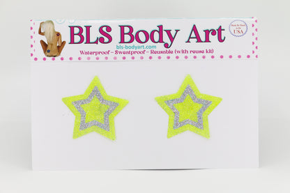 Product Image - Neon Yellow/Silver Small Star Glitter Pasties in BLS Body Art packaging