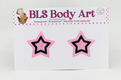 Product Image - Pink/Black Small Star Glitter Pasties in BLS Body Art packaging