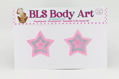 Product Image - Pink/Silver Small Star Glitter Pasties in BLS Body Art packaging